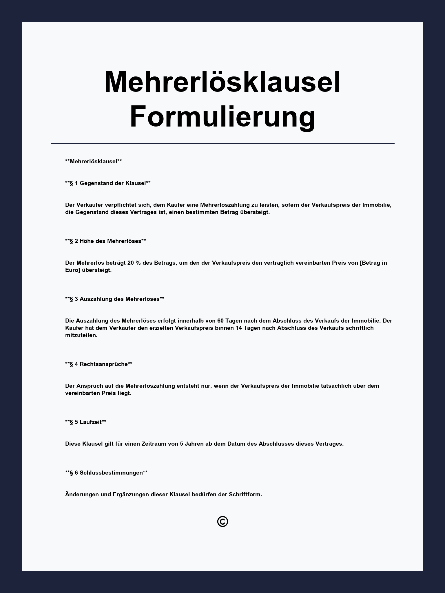 Mehrerlösklausel Formulierung