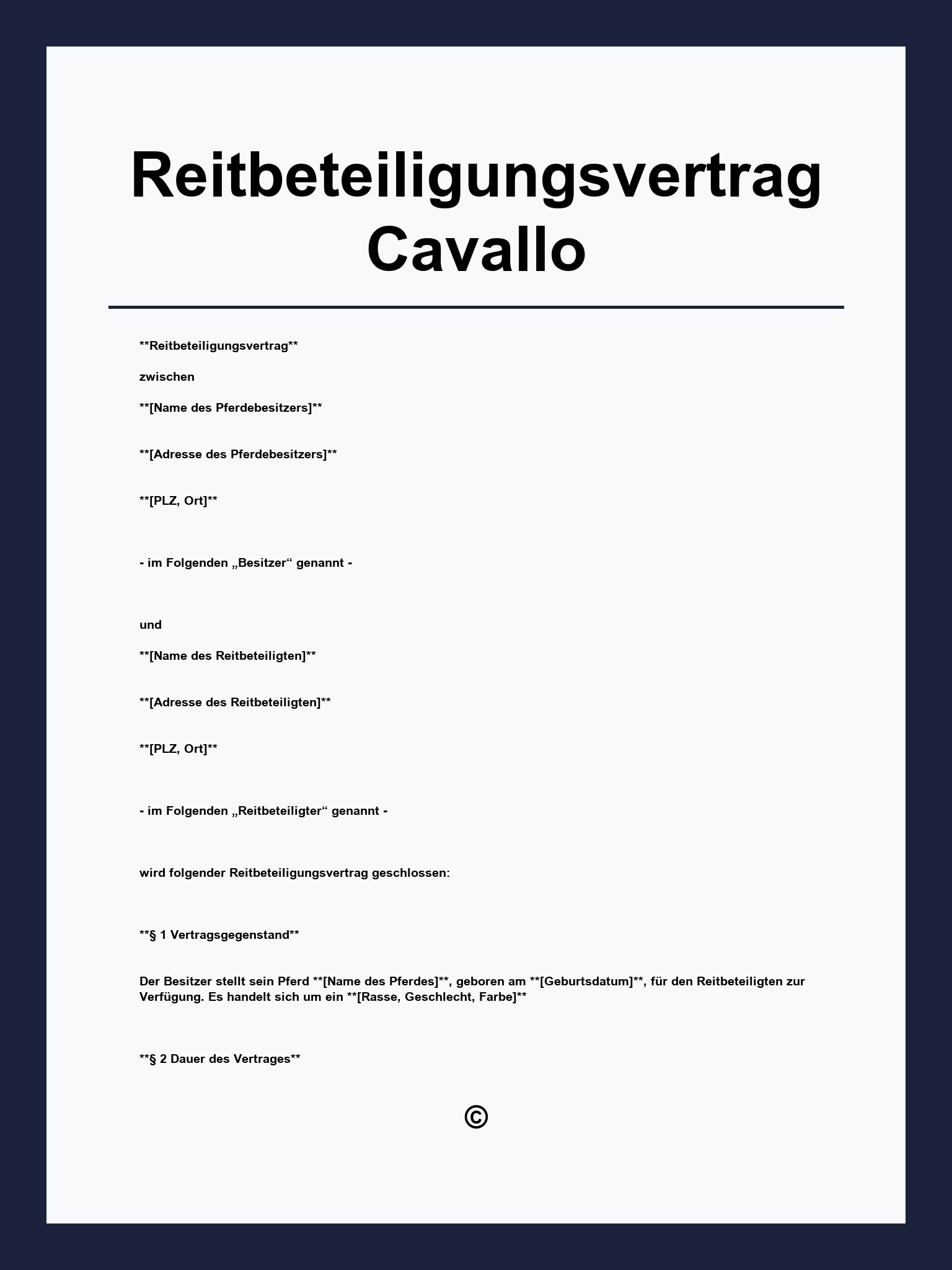 Reitbeteiligungsvertrag Cavallo