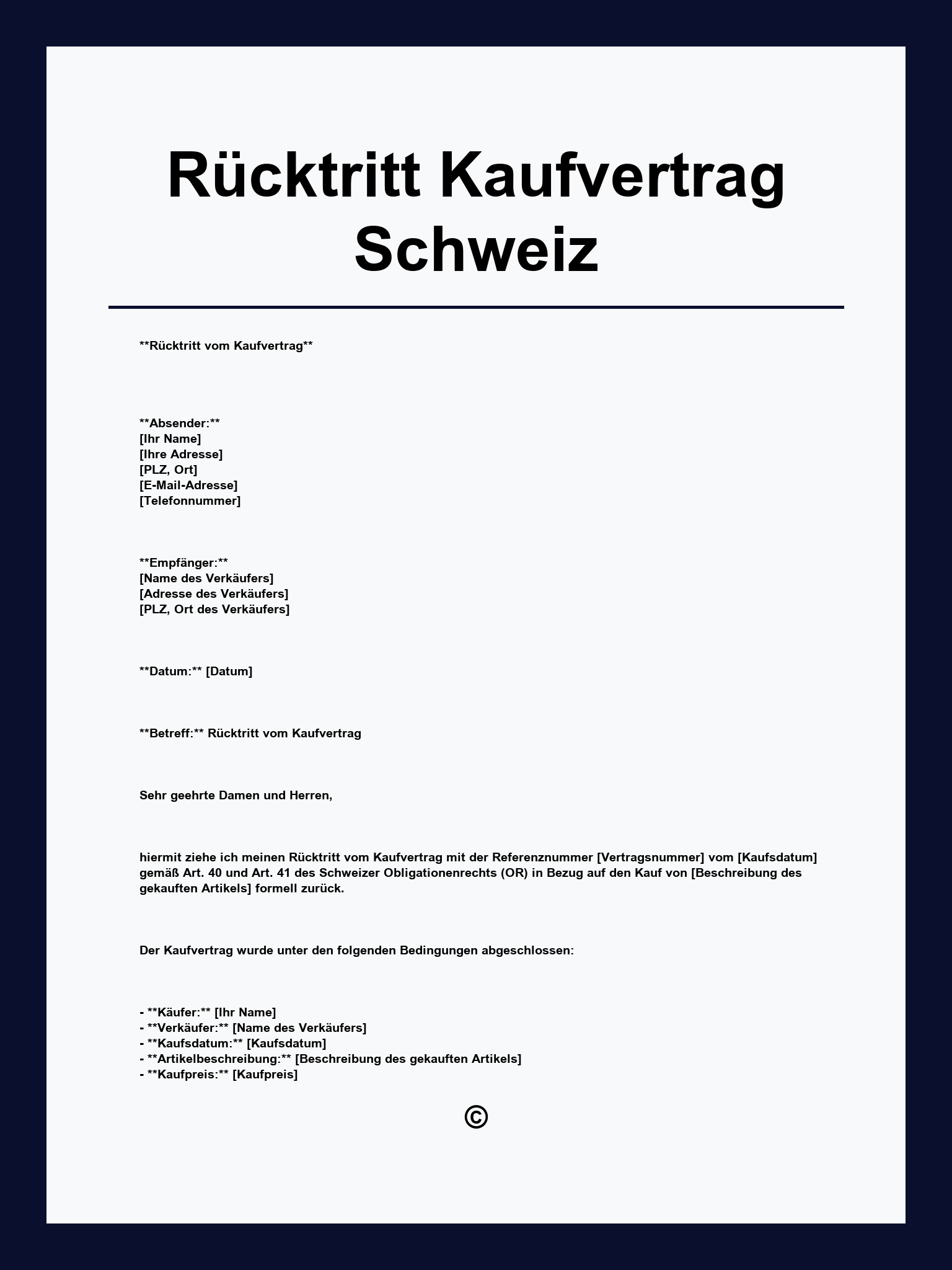 Rücktritt Kaufvertrag Schweiz Vorlage