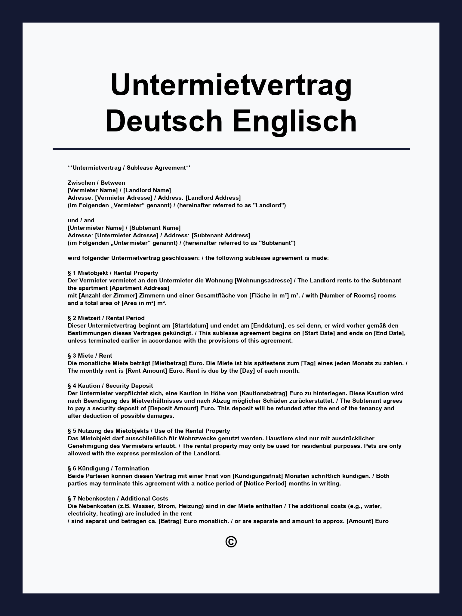 Untermietvertrag Deutsch Englisch