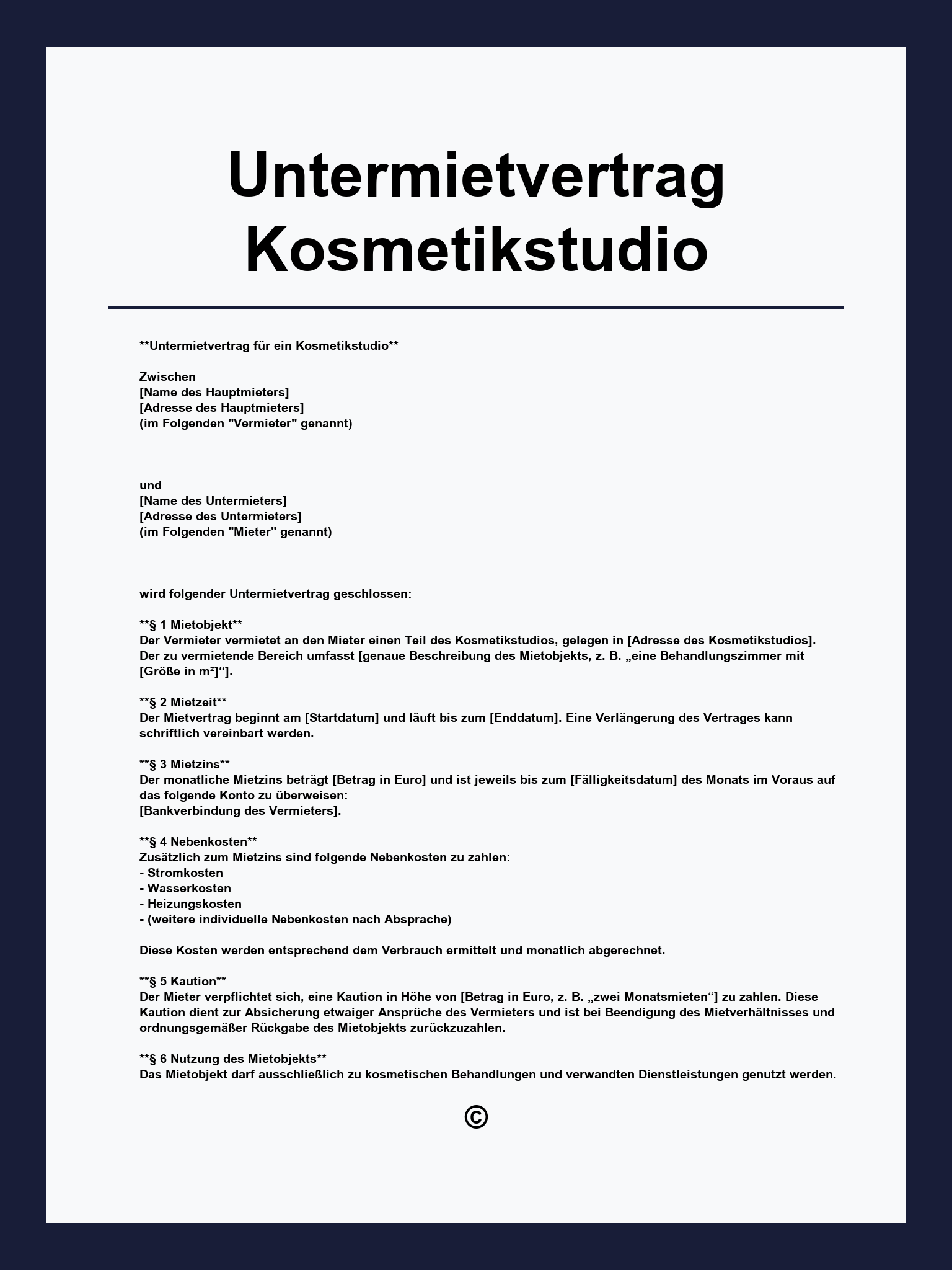 Untermietvertrag Kosmetikstudio Vorlage