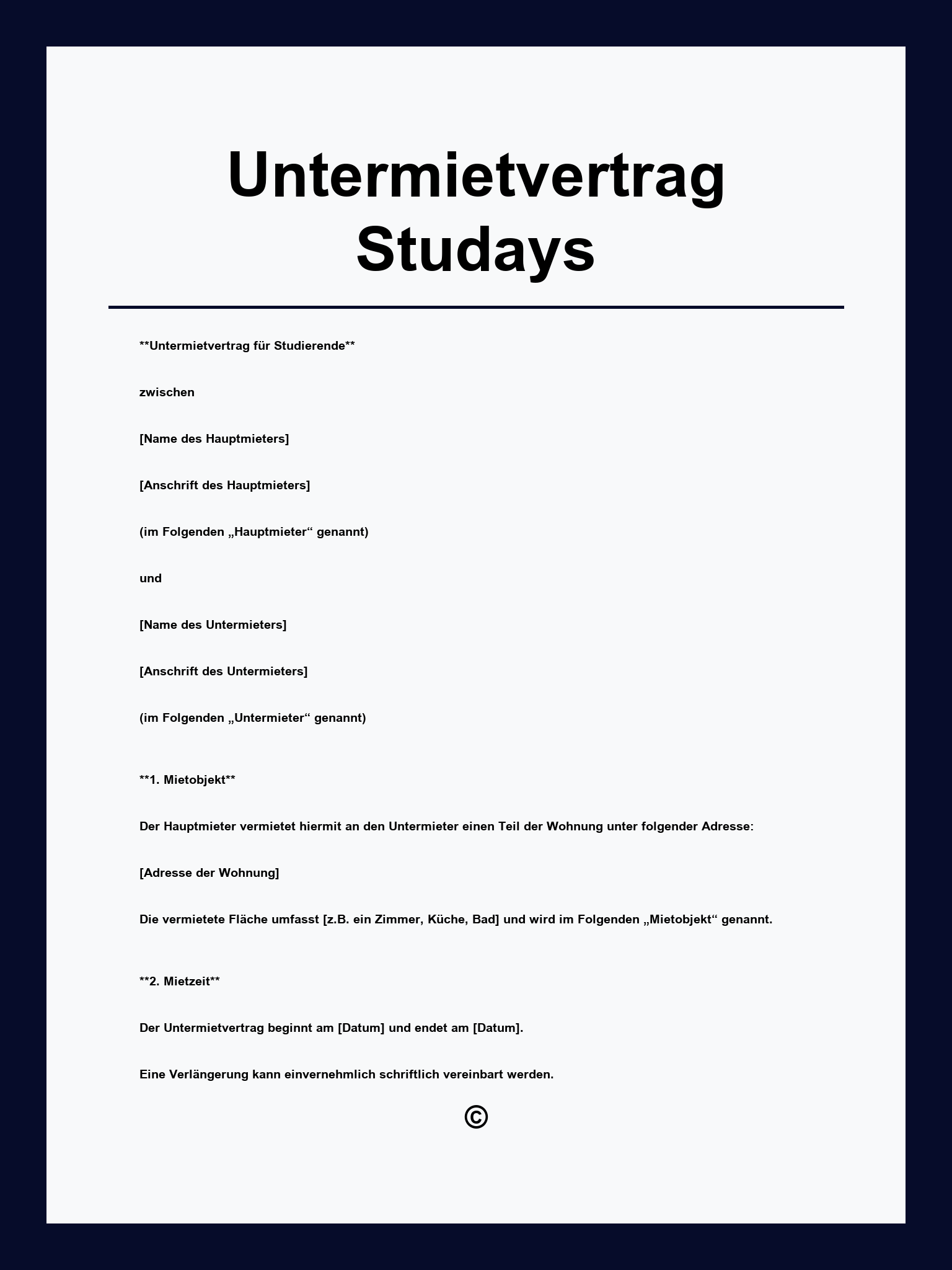 Untermietvertrag Vorlage Studays