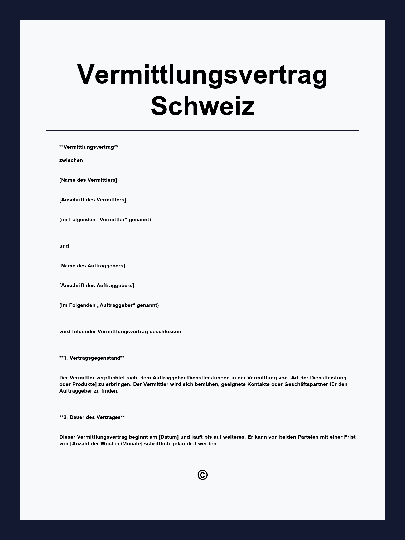 Vermittlungsvertrag Muster Schweiz